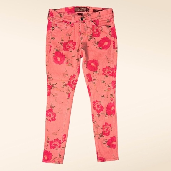Lucky Brand Pink Floral Skinny Jeans Stretch Size 27 Made in USA - Picture 1 of 10